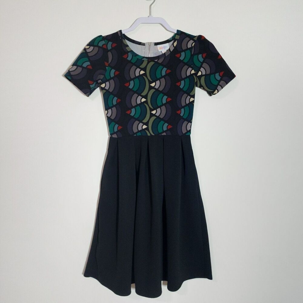 LuLaRoe Womens Amelia Dress Fit & Flare Short Sleeve Black Green Red Size XS